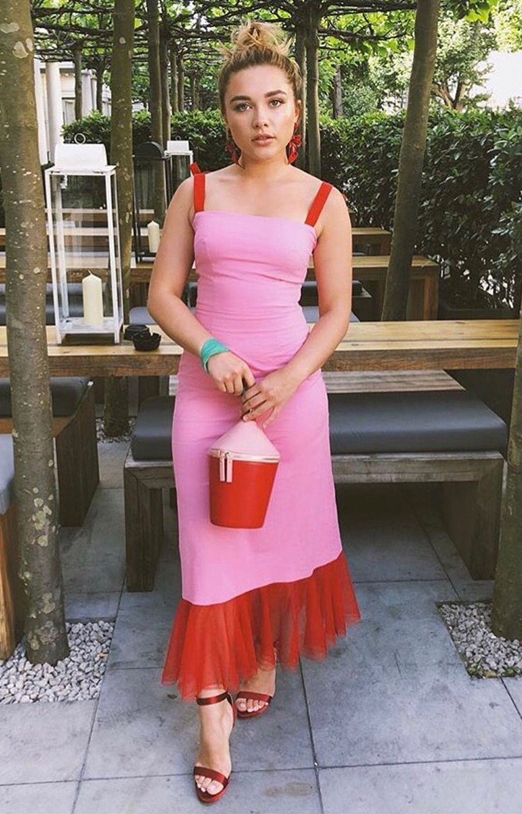 Vibrant Pink Midi Dress with Red Tulle Hem Vibrant Pink Midi Dress with Red Tulle Hem — Florence Outfits