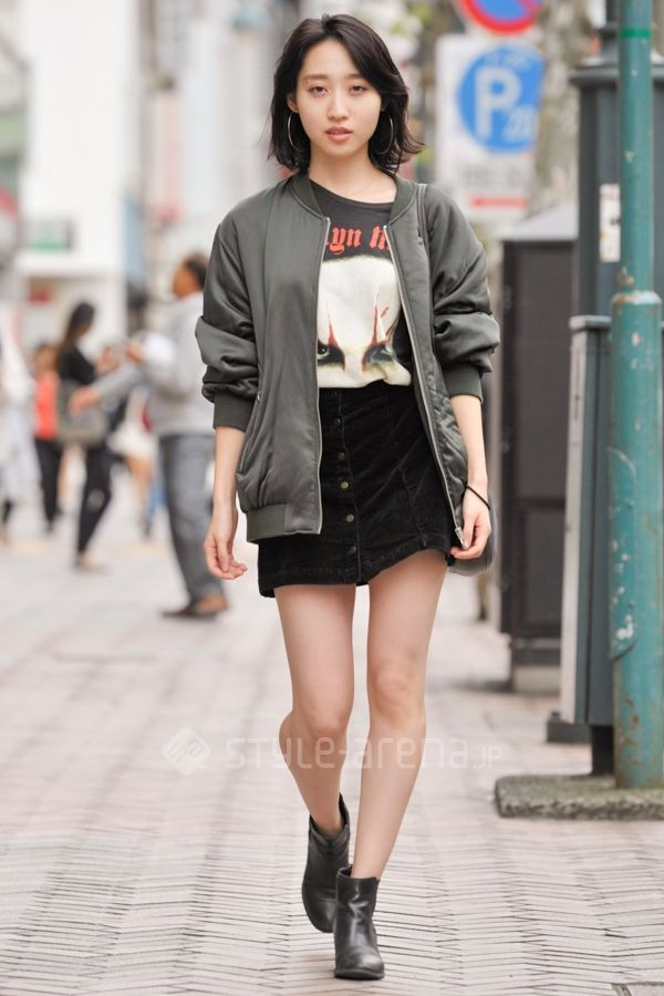 Urban Edge: Bomber Jacket, Graphic Tee, and Corduroy Mini — Tokyo Outfits