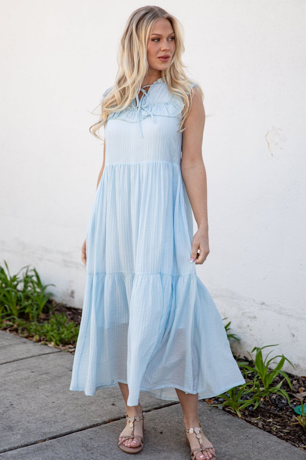 Textured Light Blue Tiered Midi Dress with Tie Neck — Tiered Dresses