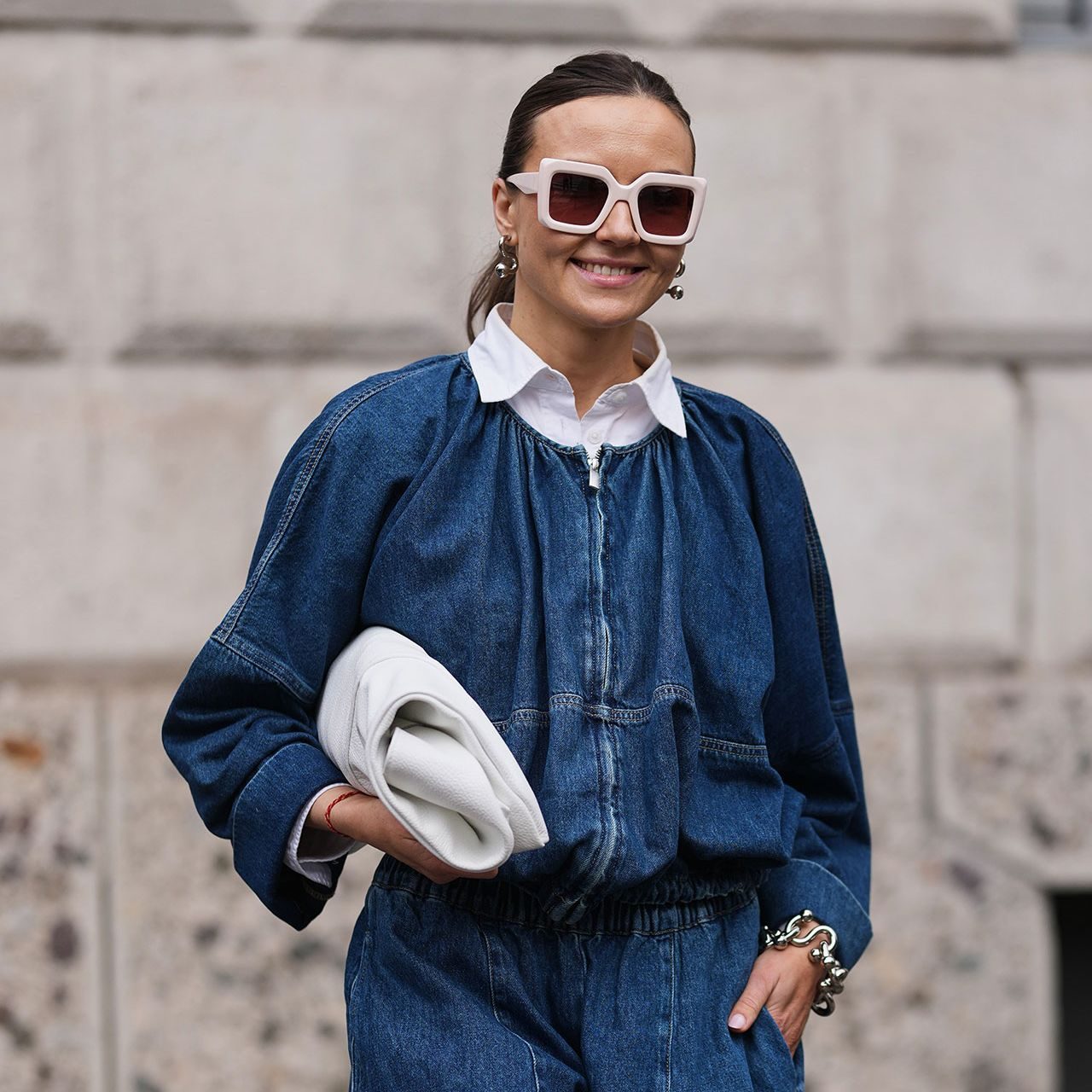 Denim Bomber Jacket with Collared Shirt and Dark Boots — Bomber Jacket Outfits