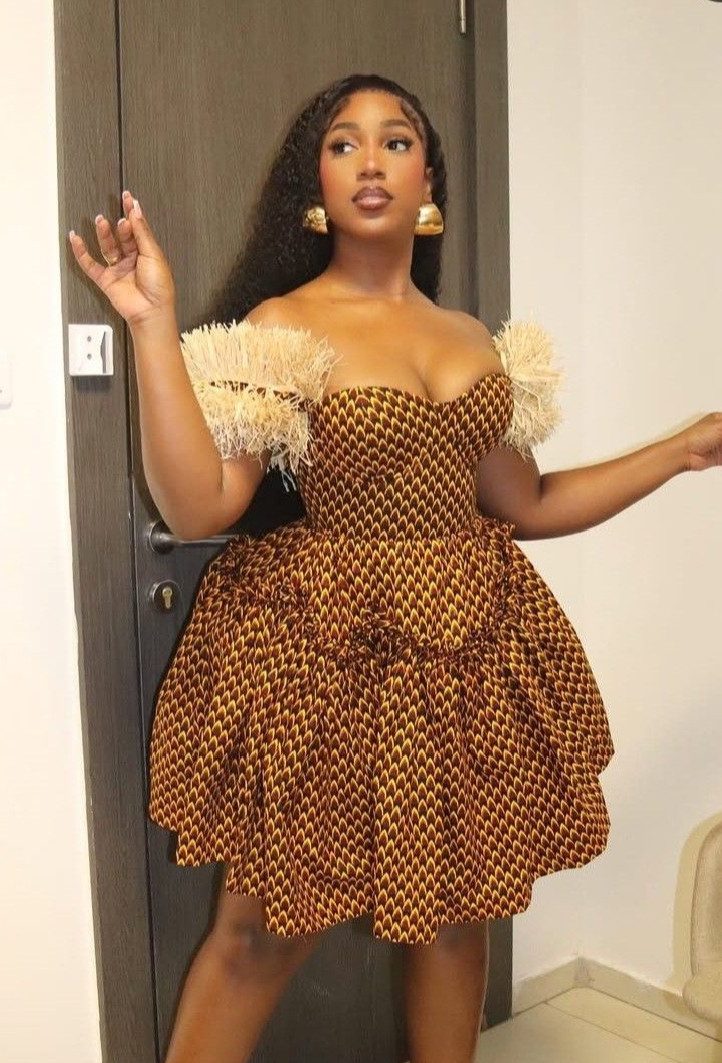 Off-the-Shoulder Ankara Mini Dress with Fringe Sleeves Off-the-Shoulder Ankara Mini Dress with Fringe Sleeves — Ankara Outfits