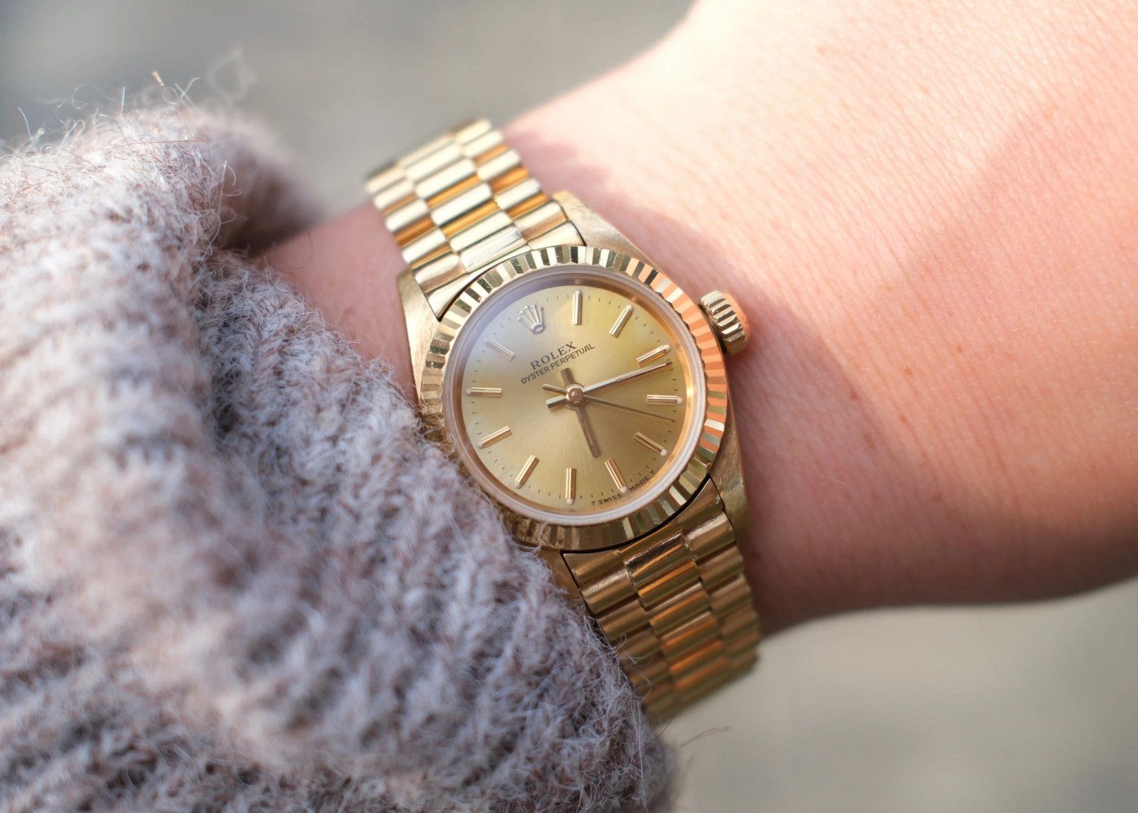 Vintage Gold Rolex Watch with Textured Sweater — Gold Watches for Women