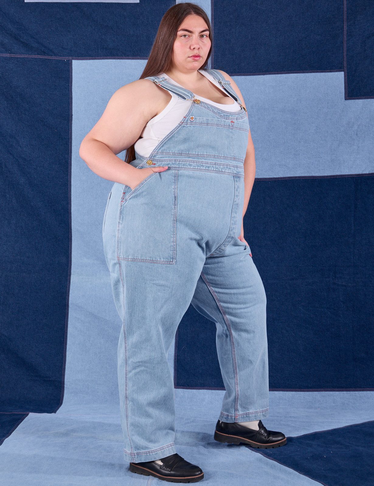 Light Wash Overalls with Contrast Stitching and Black Loafers Light Wash Overalls with Contrast Stitching and Black Loafers