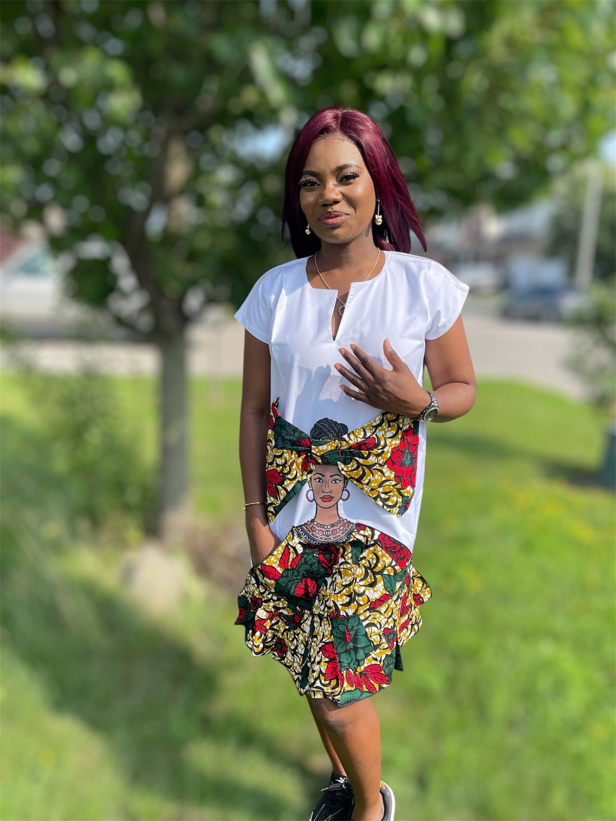 White A-Line Dress With Ankara Print Panel White A-Line Dress With Ankara Print Panel — Afrocentric Outfits