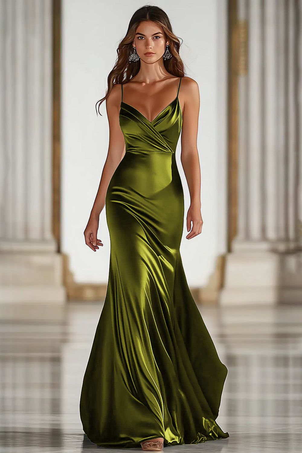 Zapaka Women Dark Green Spaghetti Straps Military Ball Dress Mermaid Satin Long Prom Dress, Dark Green / US16W