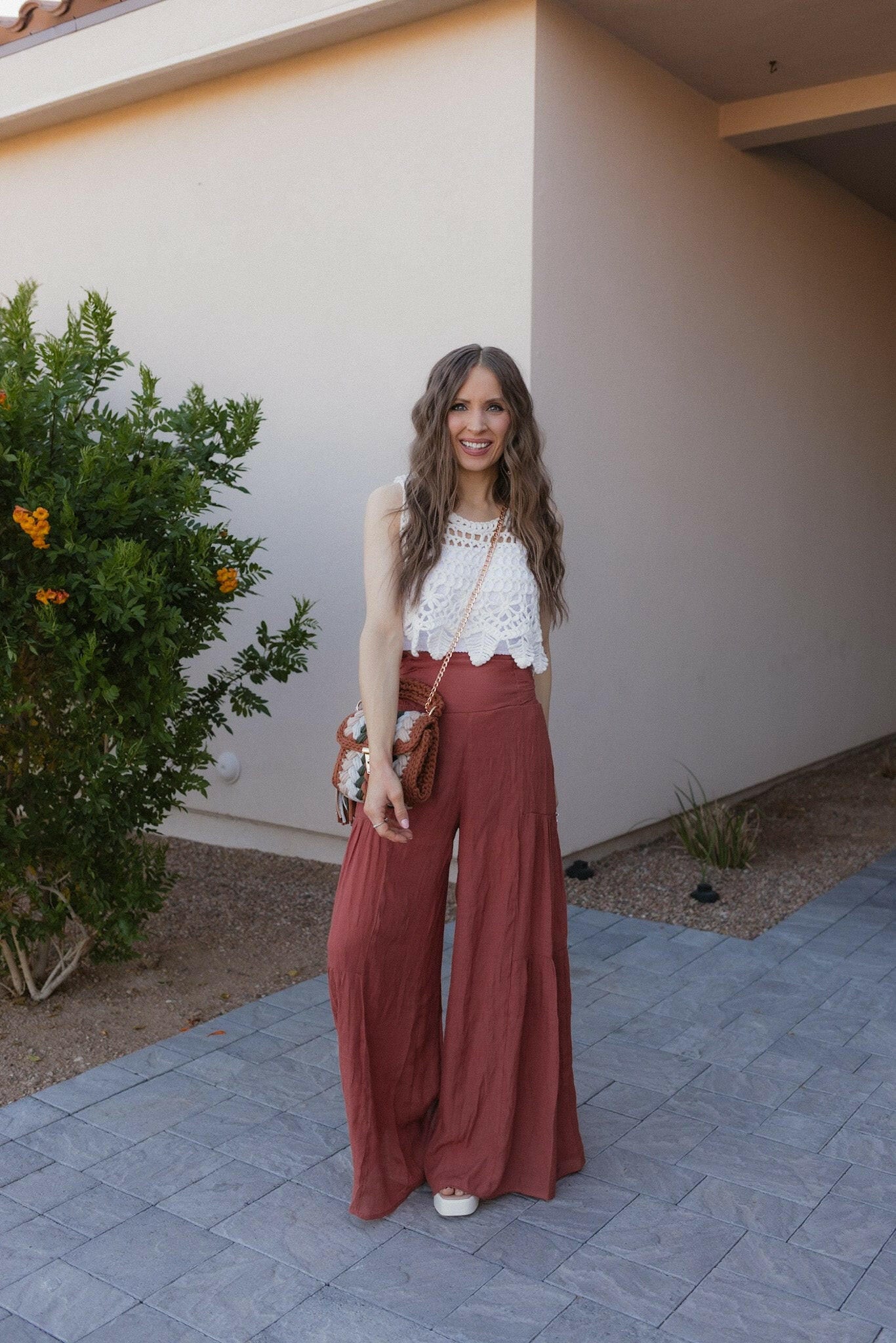 Rust Tiered Palazzo Pants with a Crochet Top Rust Tiered Palazzo Pants with a Crochet Top