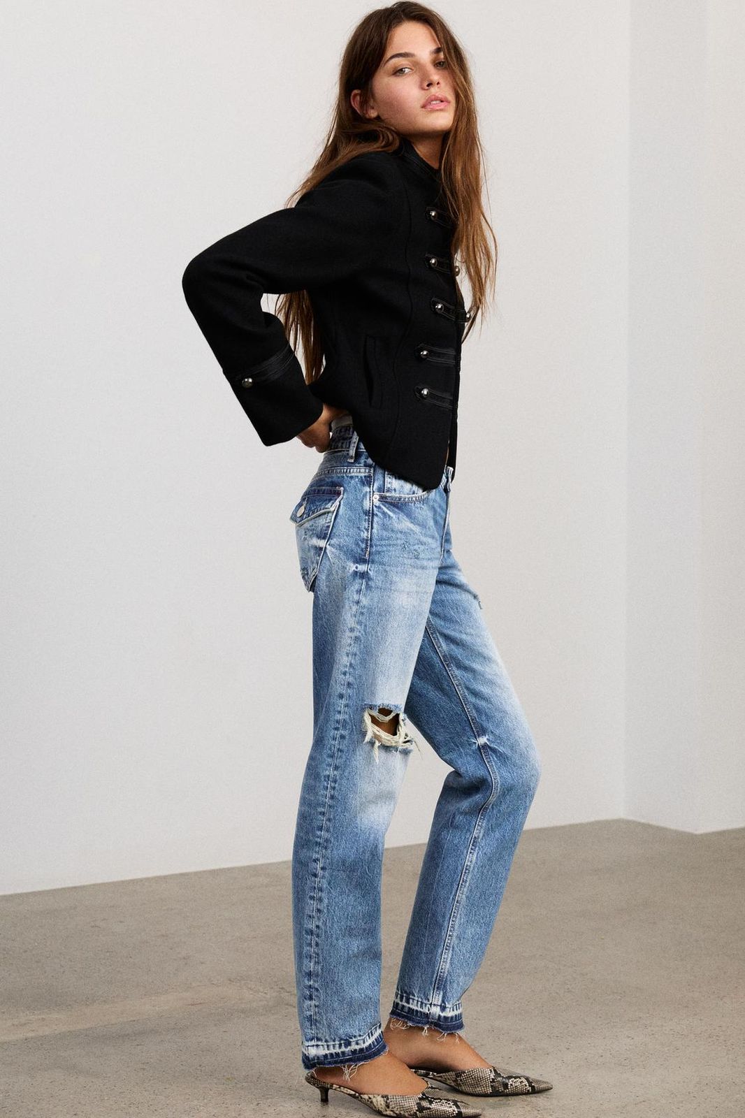 Distressed Jeans with Military Jacket and Snake Print Flats Distressed Jeans with Military Jacket and Snake Print Flats — Boyfriend Jeans