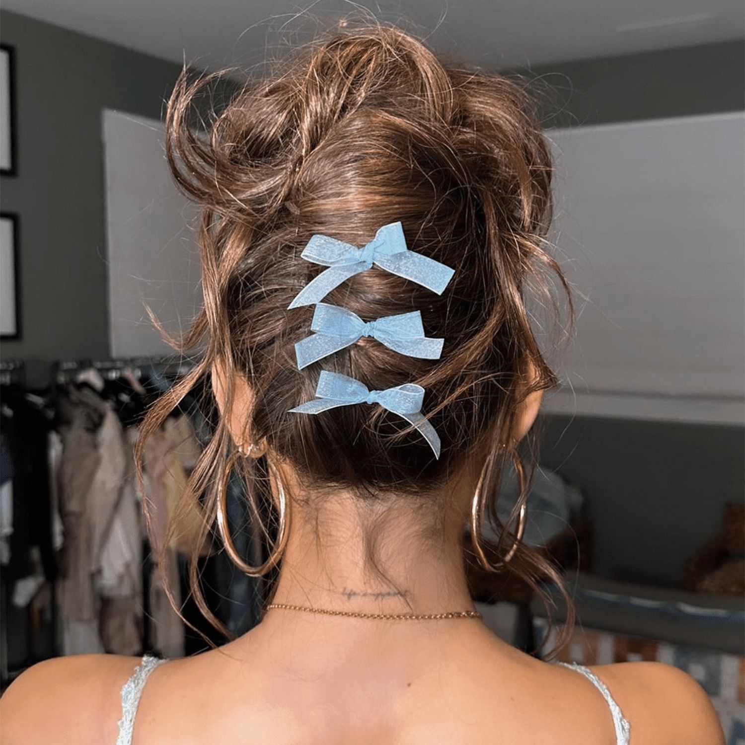 Messy Updo with Scattered Blue Bows Messy Updo with Scattered Blue Bows — Coquette Hairstyles