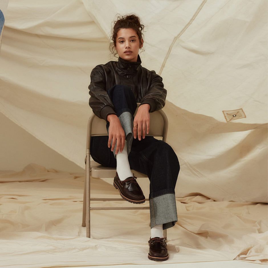Leather Bomber Jacket and Wide-Leg Jeans with Penny Loafers — Penny Loafers Outfits