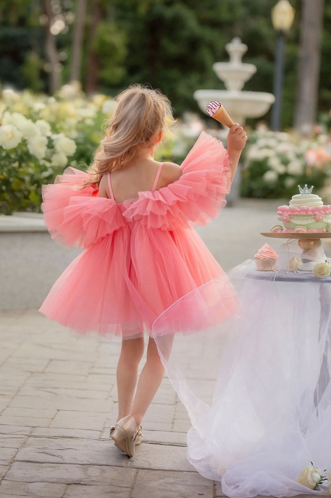 Coral Pink Tulle Dress with Ruffled Sleeves Coral Pink Tulle Dress with Ruffled Sleeves — Little Girl Dresses