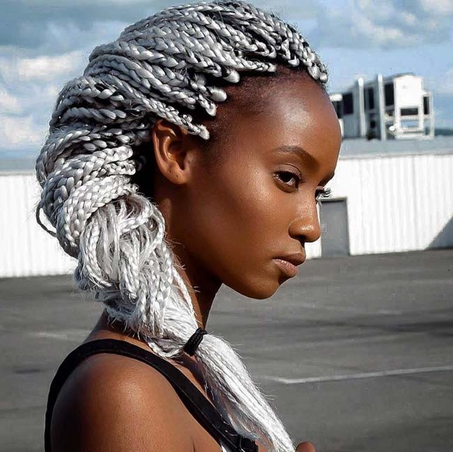 Side Styled Vibrant Gray Box Braids — Gray Braids