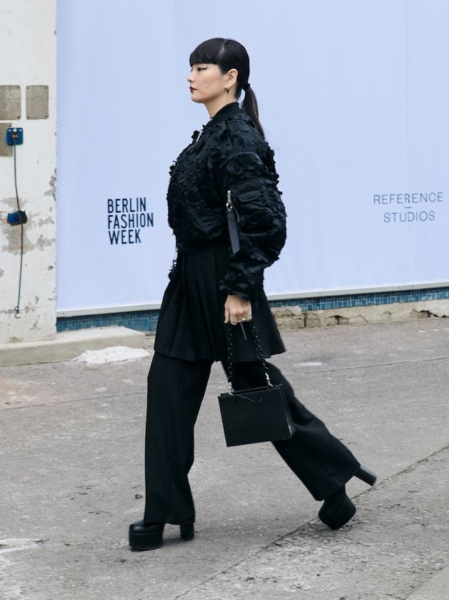 Textured Black Bomber Jacket and Wide-Leg Trousers Textured Black Bomber Jacket and Wide-Leg Trousers — Berlin Outfits