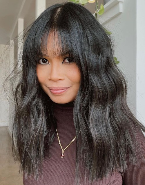 Greyish Undertone Dark Brown Waves — Long Hair with Bangs