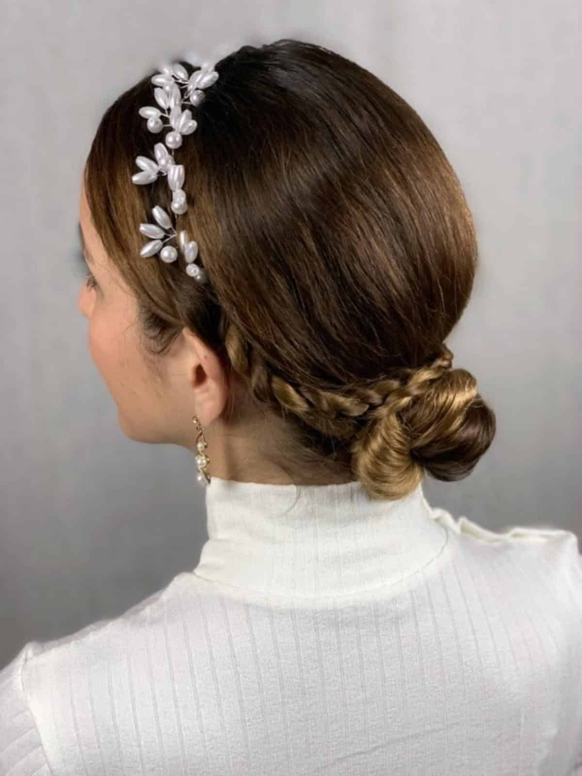 Brown Braided Bun with Pearl Accessory — Braided Low Bun