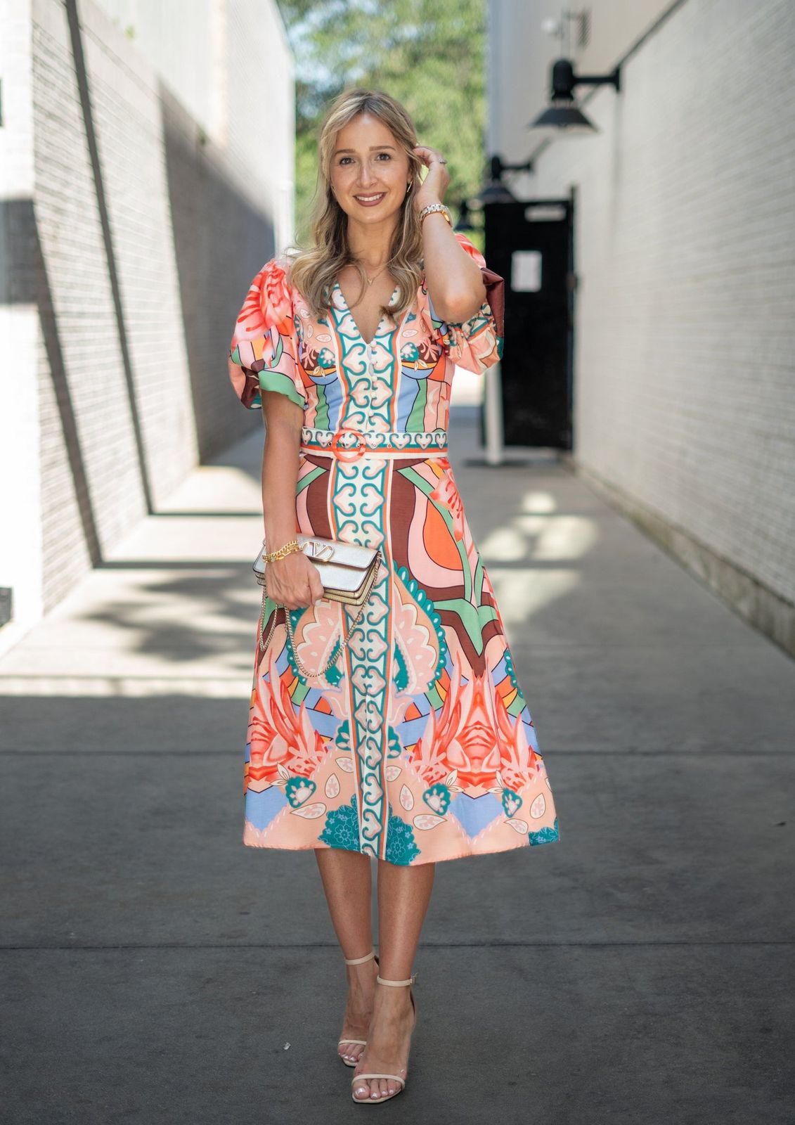 Multicolored Abstract Midi Dress with Puff Sleeves — Lisbon Outfits