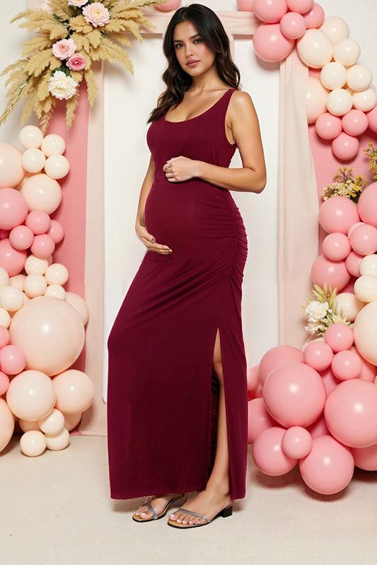 Burgundy Ruched Maxi Dress with High Slit for a Chic Baby Shower Burgundy Ruched Maxi Dress with High Slit for a Chic Baby Shower — Baby Shower Dresses