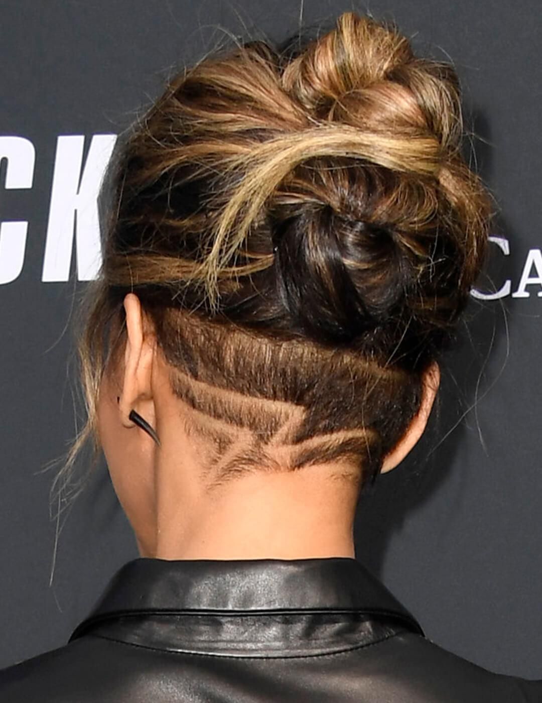 Dark Brown Updo with Blonde Highlights and Carved Designs — Undercut Hairstyles for Women