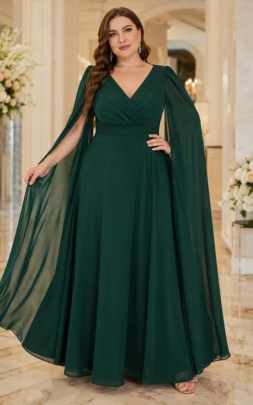 Emerald Green Chiffon Dress with Cape Sleeves Emerald Green Chiffon Dress with Cape Sleeves — Dresses for Women Over 60