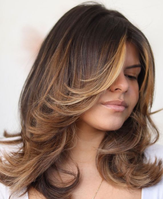 Dark Brown Butterfly With Caramel Highlights — Butterfly Haircut Medium Hair
