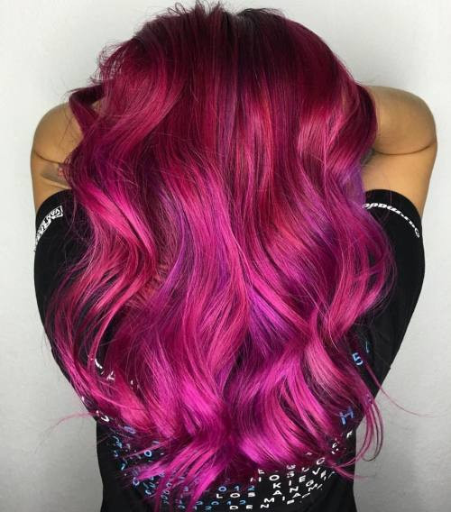 No Bangs Magenta Pink Ombre Mid-Back Waves — Magenta Hair