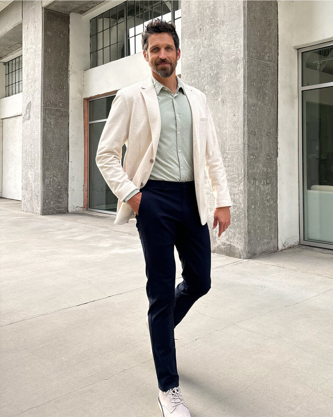 Cream Textured Blazer with Light Green Shirt Cream Textured Blazer with Light Green Shirt — Outfits for Men