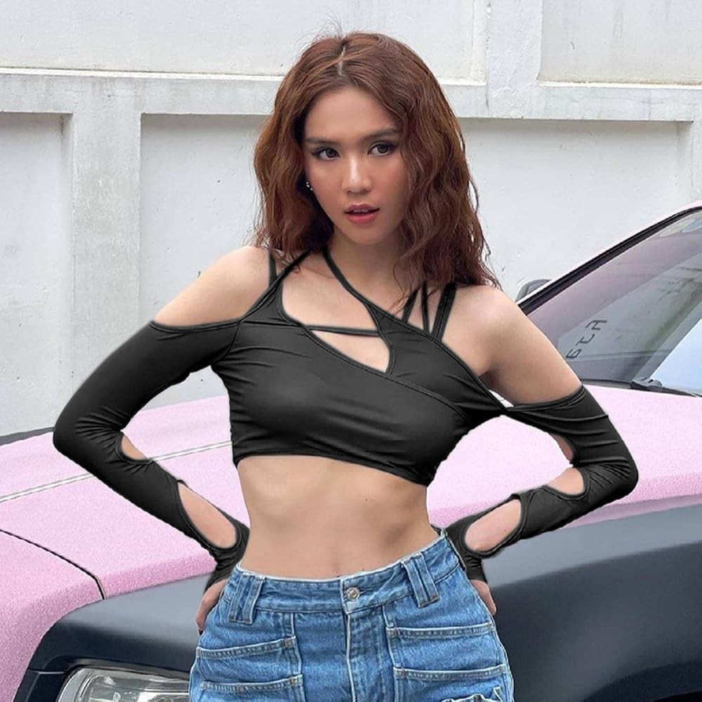 Asymmetrical Crop Top with Cut-Outs and Denim Jeans — Cyber Y2K Outfits