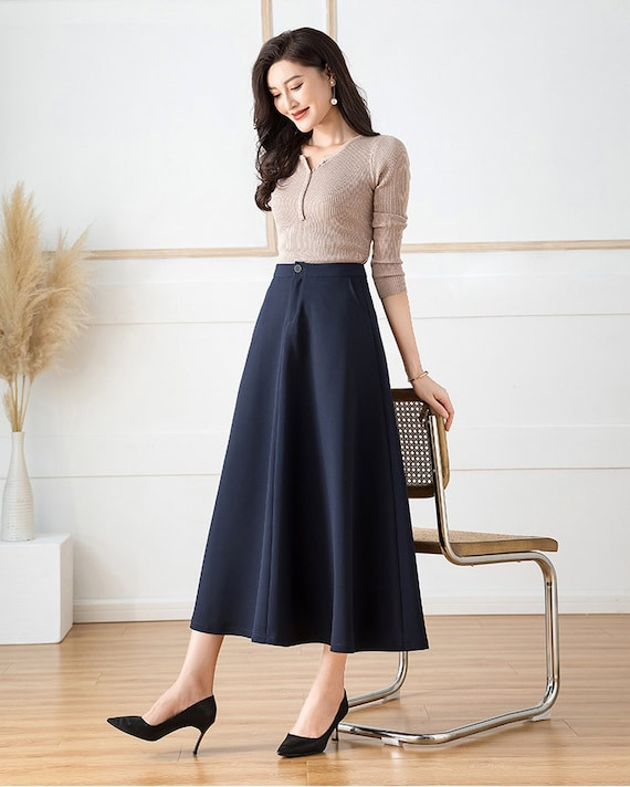 Classic Navy A-Line Midi Skirt for Smart Casual — A Line Skirts