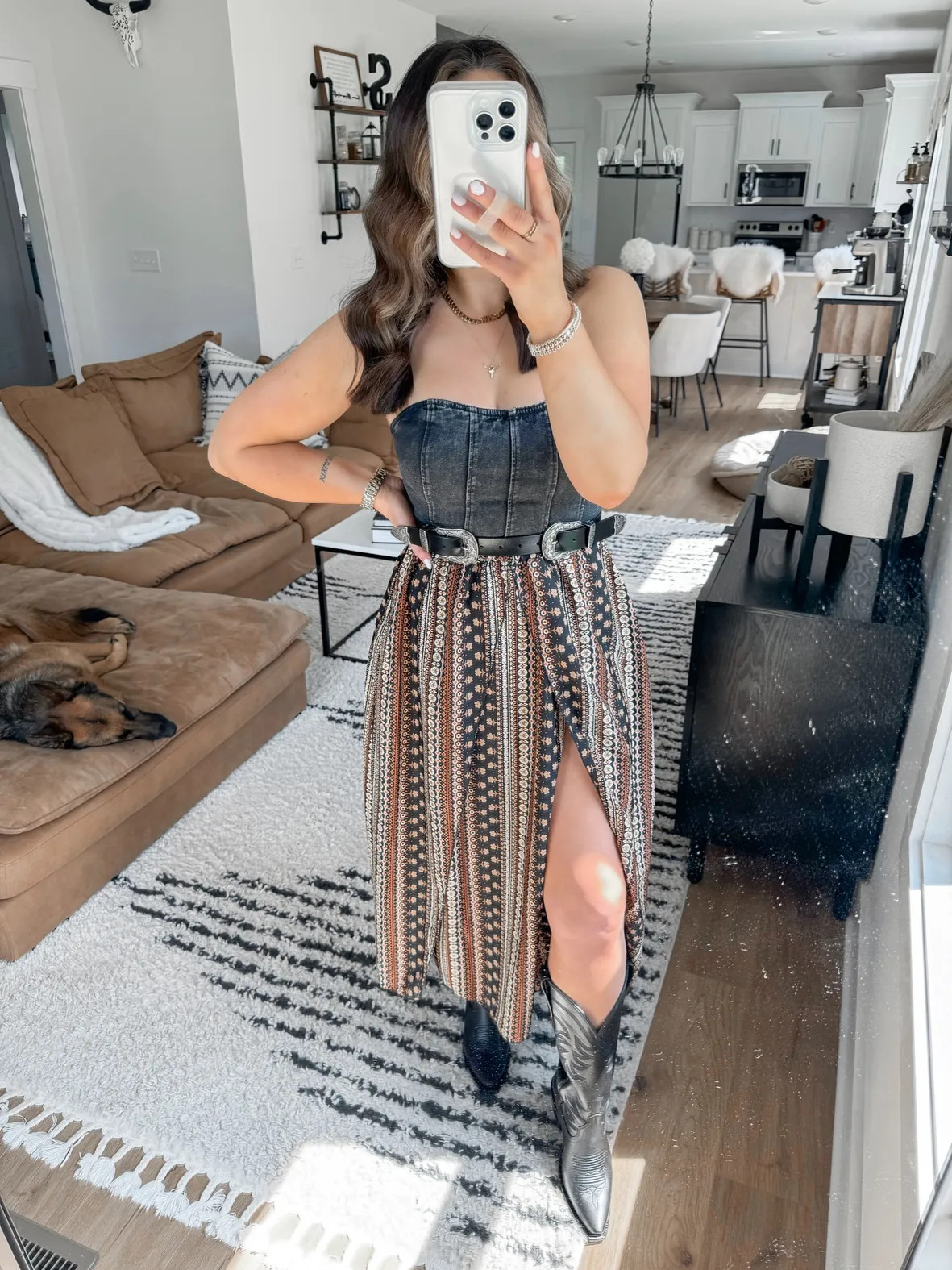 Double Western Belt on Denim Strapless Top and Patterned Midi Skirt — Western Belt Outfits
