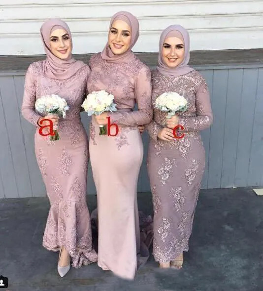 Pink Long-Sleeved Lace Dresses with Fitted Silhouettes Pink Long-Sleeved Lace Dresses with Fitted Silhouettes — Hijab Wedding Guest Outfits