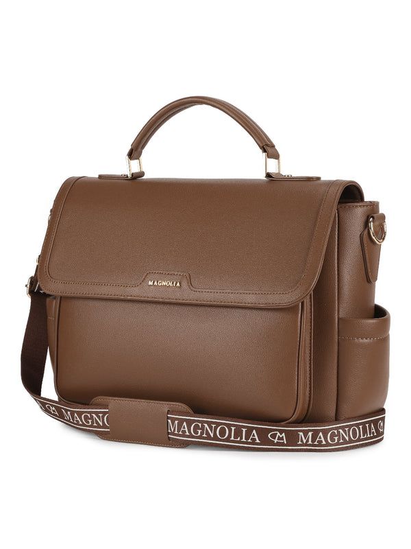 Brown Leather Briefcase with Branded Strap — Laptop Bags for Women