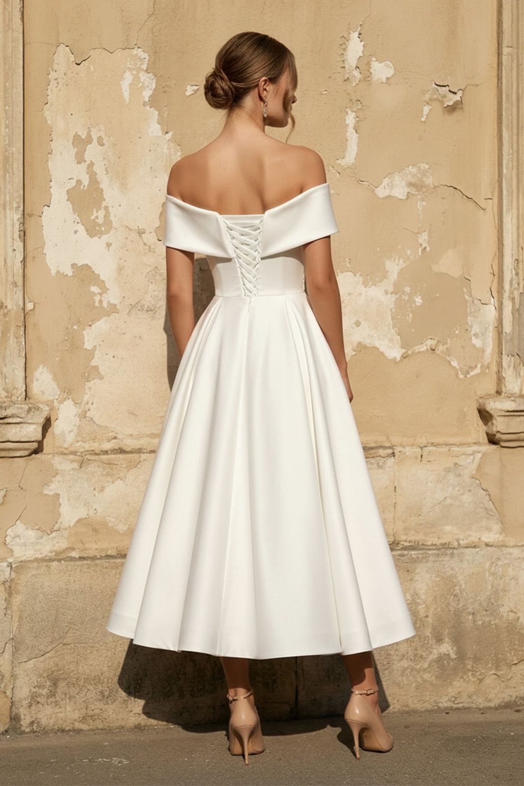 White Satin Off-the-Shoulder Dress with Lace-Up Corset Back White Satin Off-the-Shoulder Dress with Lace-Up Corset Back — Tea Length Dresses