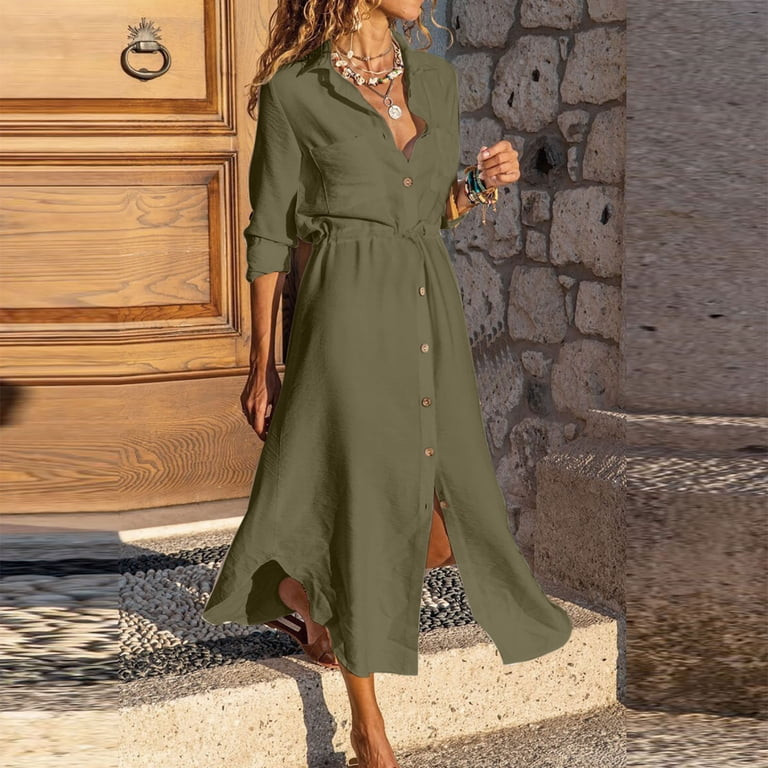 Olive Green Linen-Blend Shirt Dress with Drawstring Waist — Shirt Dress Outfits