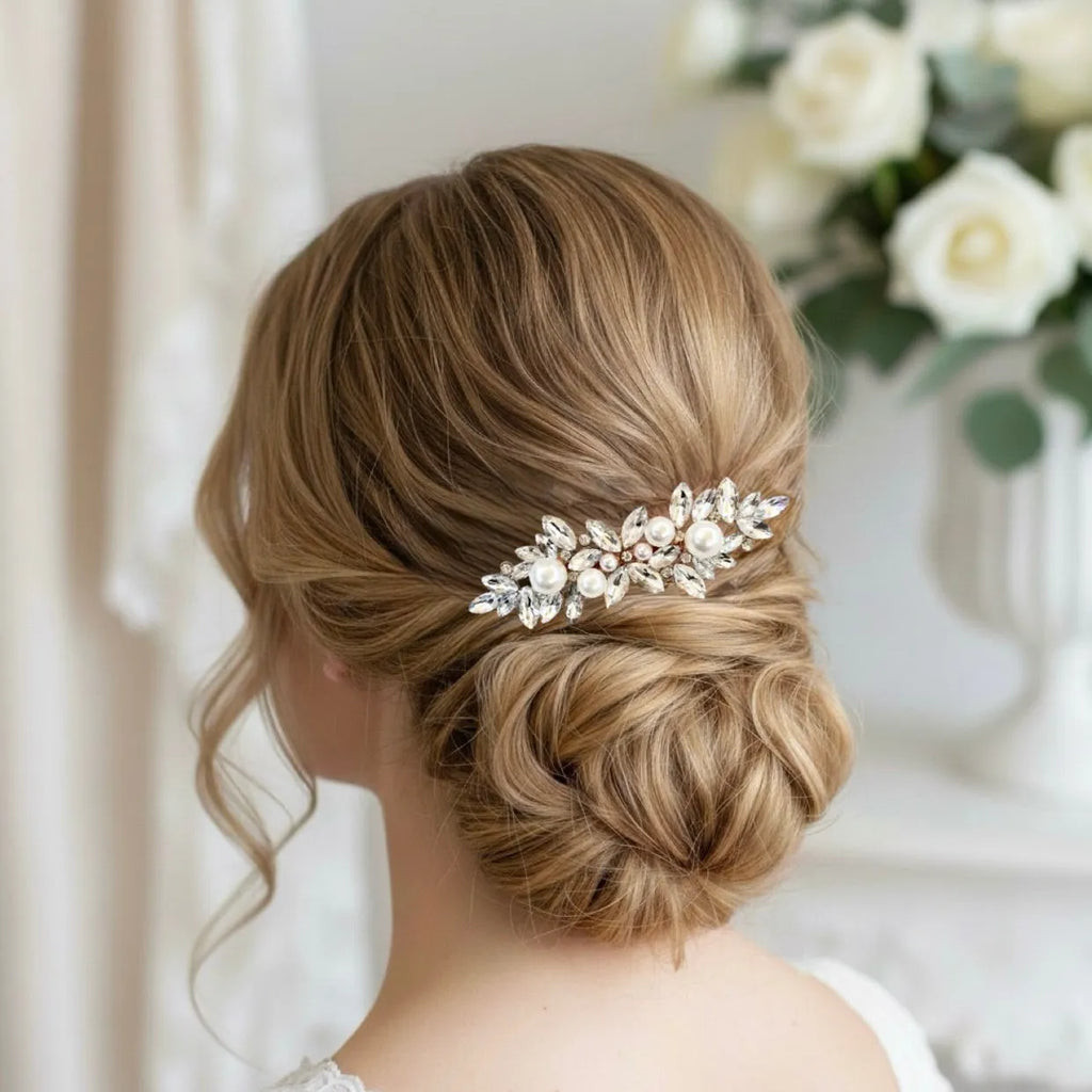 Brown Textured Low Bun With Pearl Comb — Bridal Hair Accessories