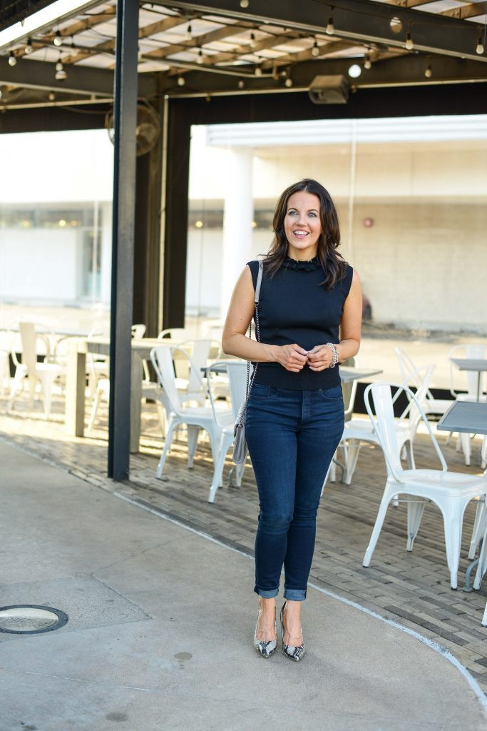 Snakeskin Print Pumps with Black Top and Slim-Fit Jeans — Pumps Outfits