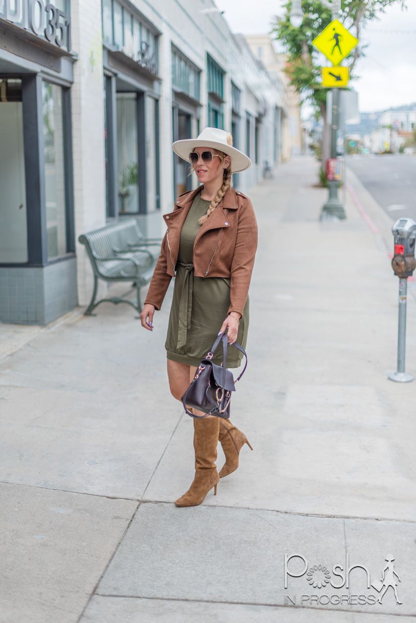 Cream Hat with Jacket, Belted Dress, and Knee-High Boots Cream Hat with Jacket, Belted Dress, and Knee-High Boots — Wide Brim Hat Outfits