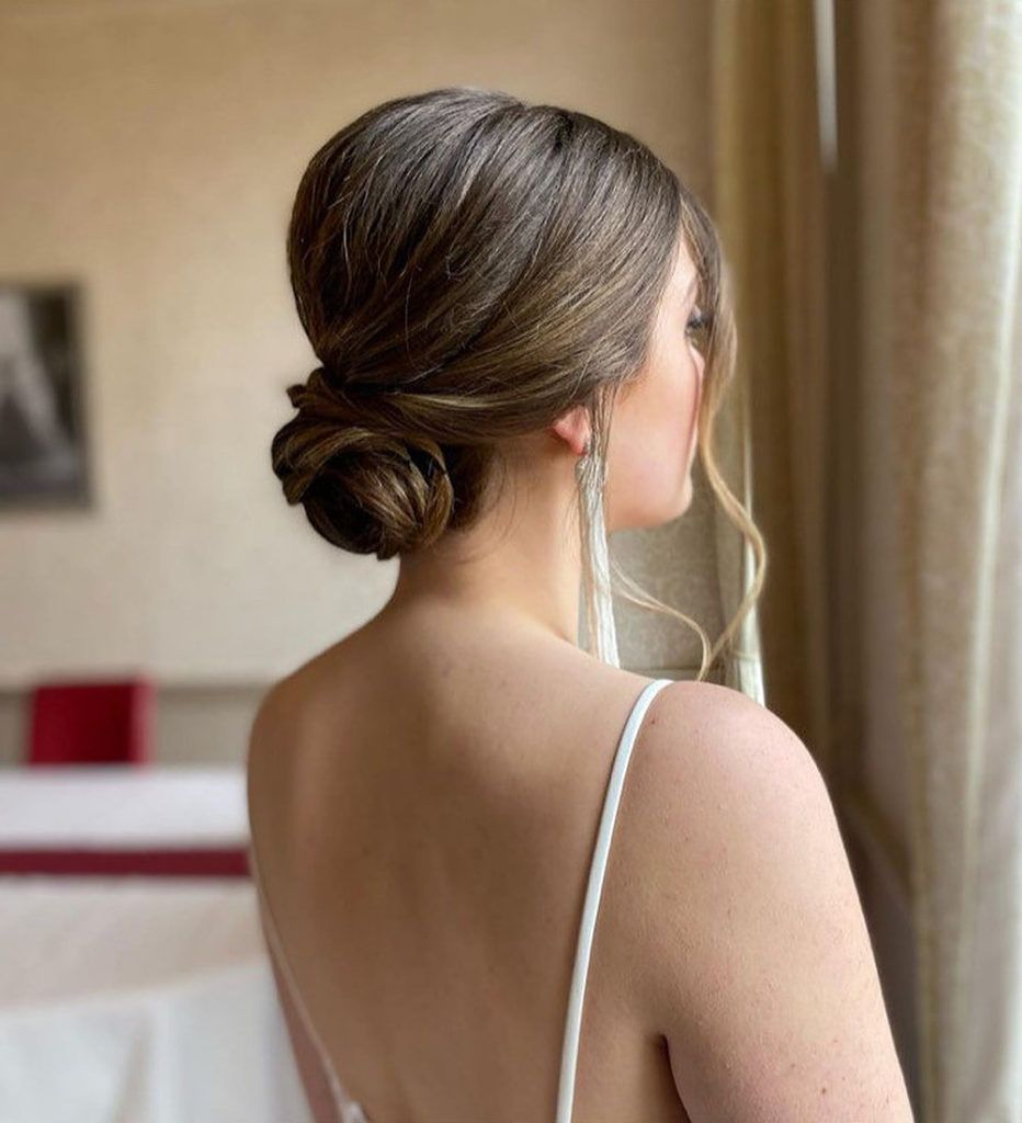 Brown With Highlights Brown Collarbone Twisted Bun Brown With Highlights Brown Collarbone Twisted Bun — Sleek Bun Wedding Hair