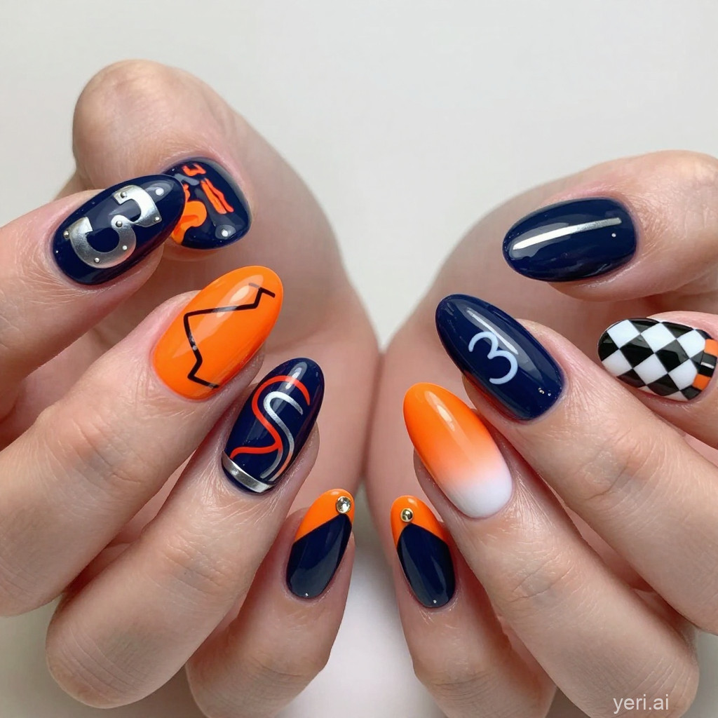 Navy Orange White Checkered Gradient Oval Nails Navy Orange White Checkered Gradient Oval Nails — Basketball Nails