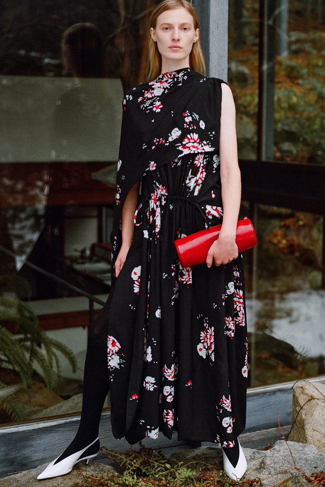 Bold Graphic Floral Mini Dress with High Neckline — Floral Dresses