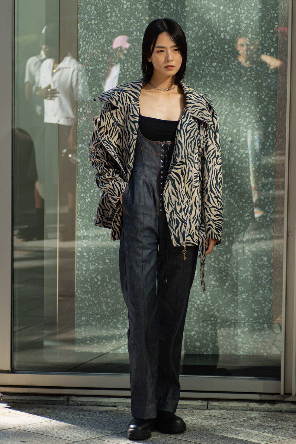 Bold Animal Print Jacket Over Denim Corset and Wide-Leg Jeans — Tokyo Outfits