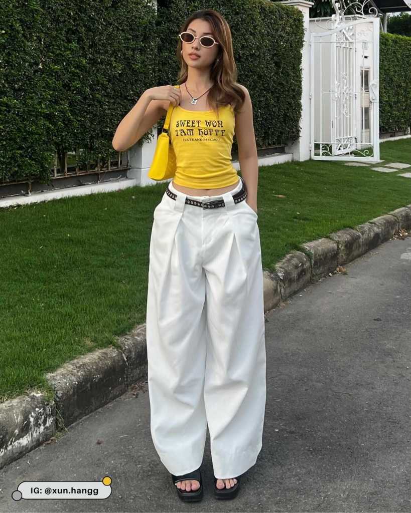 Graphic Yellow Tank Top with White Wide-Leg Pants for a Bold Summer Look — Tank Top Outfits
