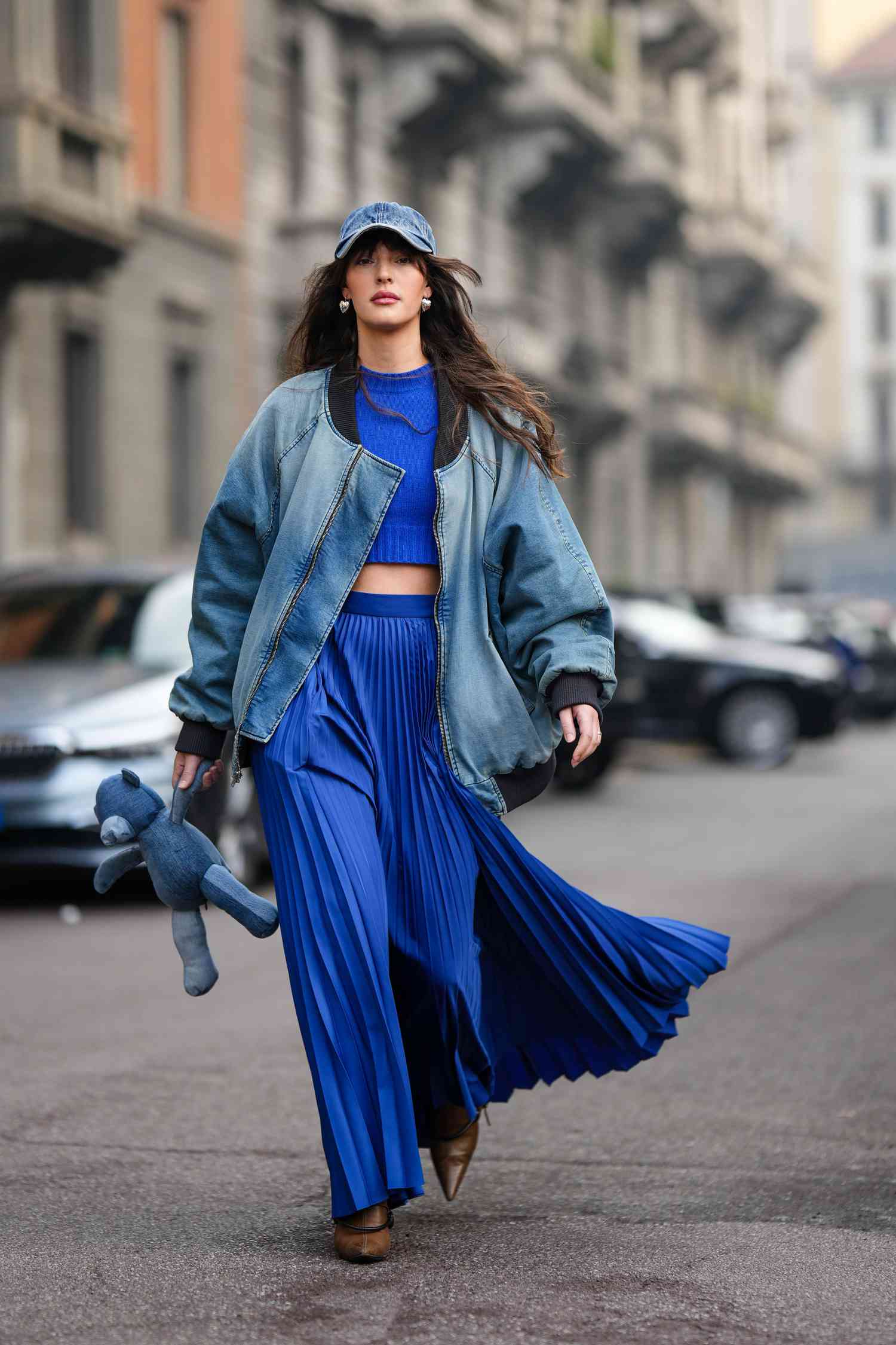 Blue Denim Bomber with Crop Top and Pleated Skirt — Bomber Jacket Outfits
