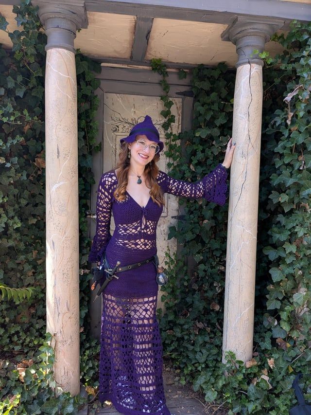 Deep Purple Crochet Dress with Bell Sleeves for Themed Events Deep Purple Crochet Dress with Bell Sleeves for Themed Events — Crochet Dresses