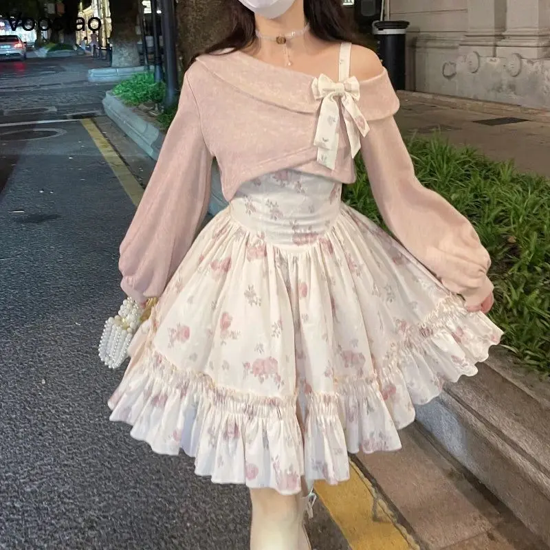 Pink Off-Shoulder Knit Sweater with Floral Dress Pink Off-Shoulder Knit Sweater with Floral Dress — Soft Girl Outfits