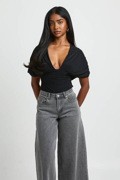 Dramatic Sleeves: Draped V-Neck Top with Wide-Leg Jeans Dramatic Sleeves: Draped V-Neck Top with Wide-Leg Jeans — Outfits for Small Bust
