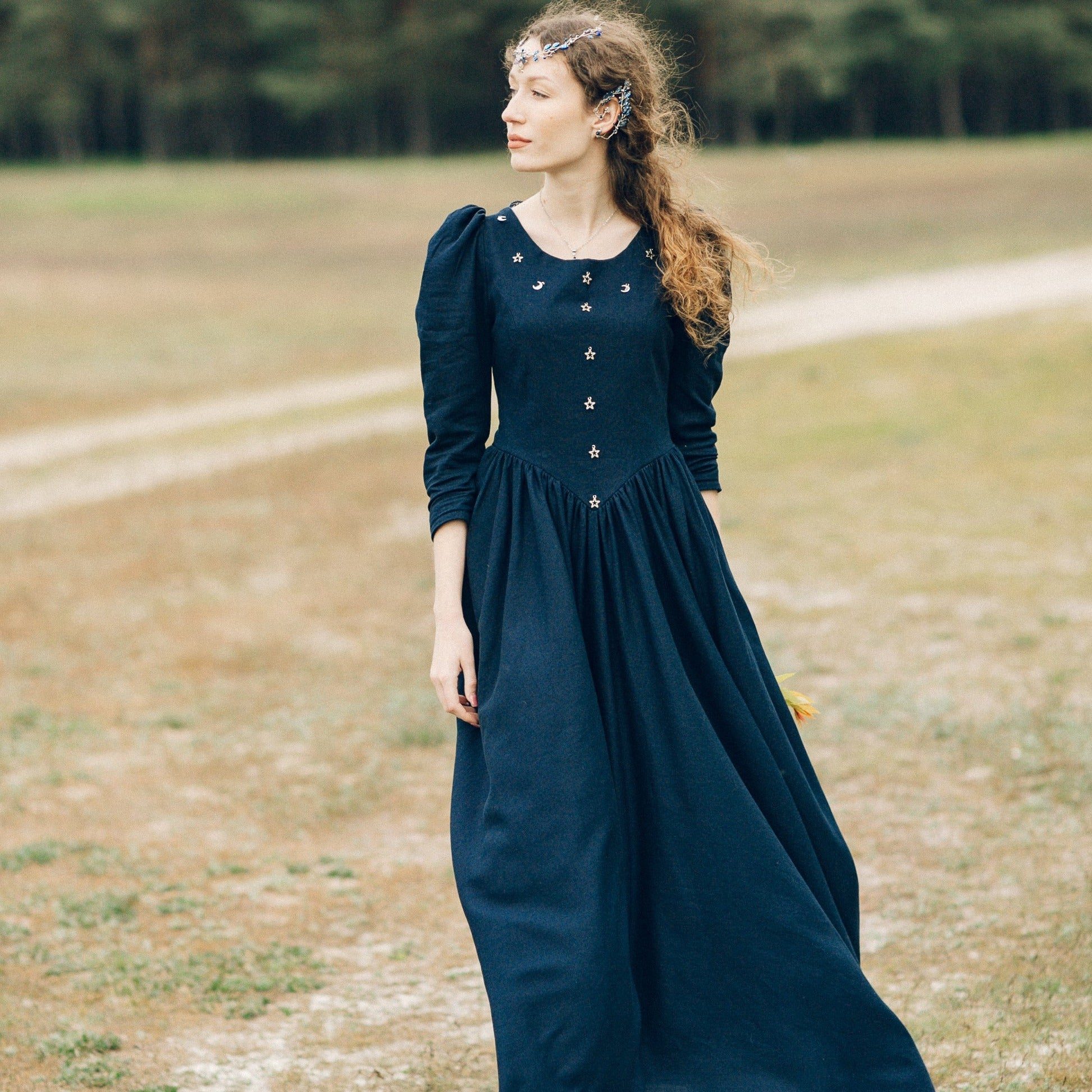 Deep Blue Dress with Celestial Embellishments and Silver Headpiece — Princesscore Outfits