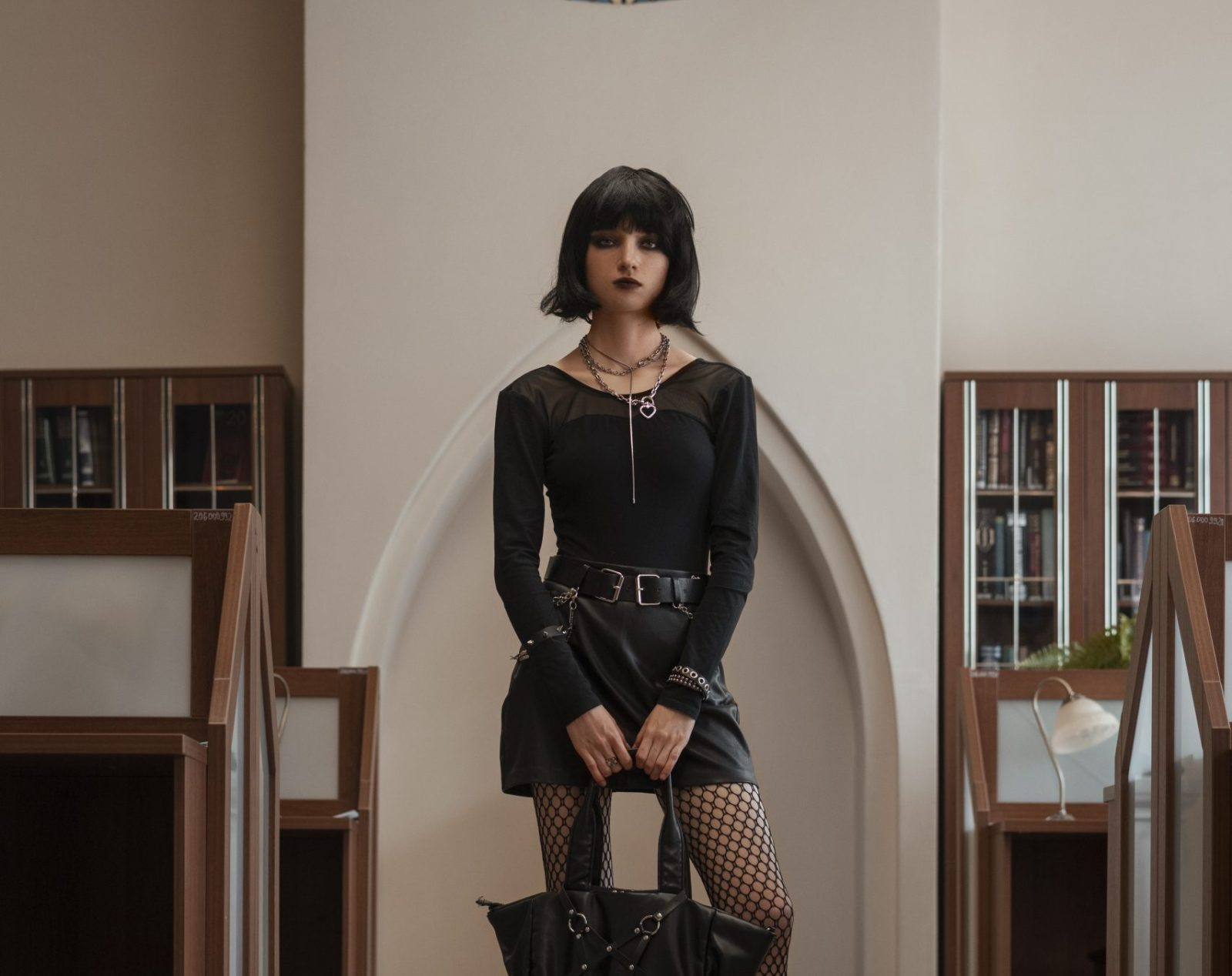 Mesh Top and Faux Leather Skirt with Layered Necklaces for a Goth Edge — Corporate Goth Outfits
