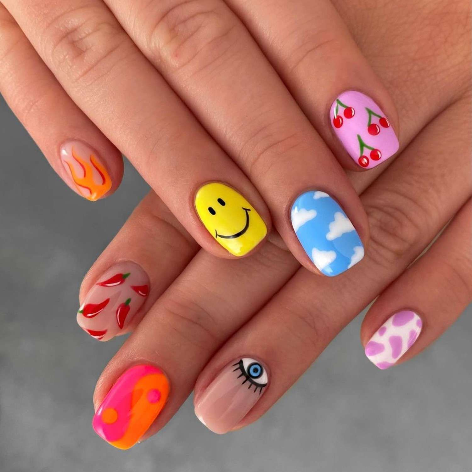 Yellow Blue Pink Orange Red Nude Visual Idea — Smiley Face Nails