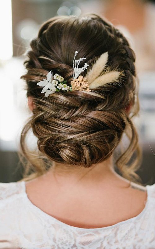Dark Brown Braided Updo With Florals