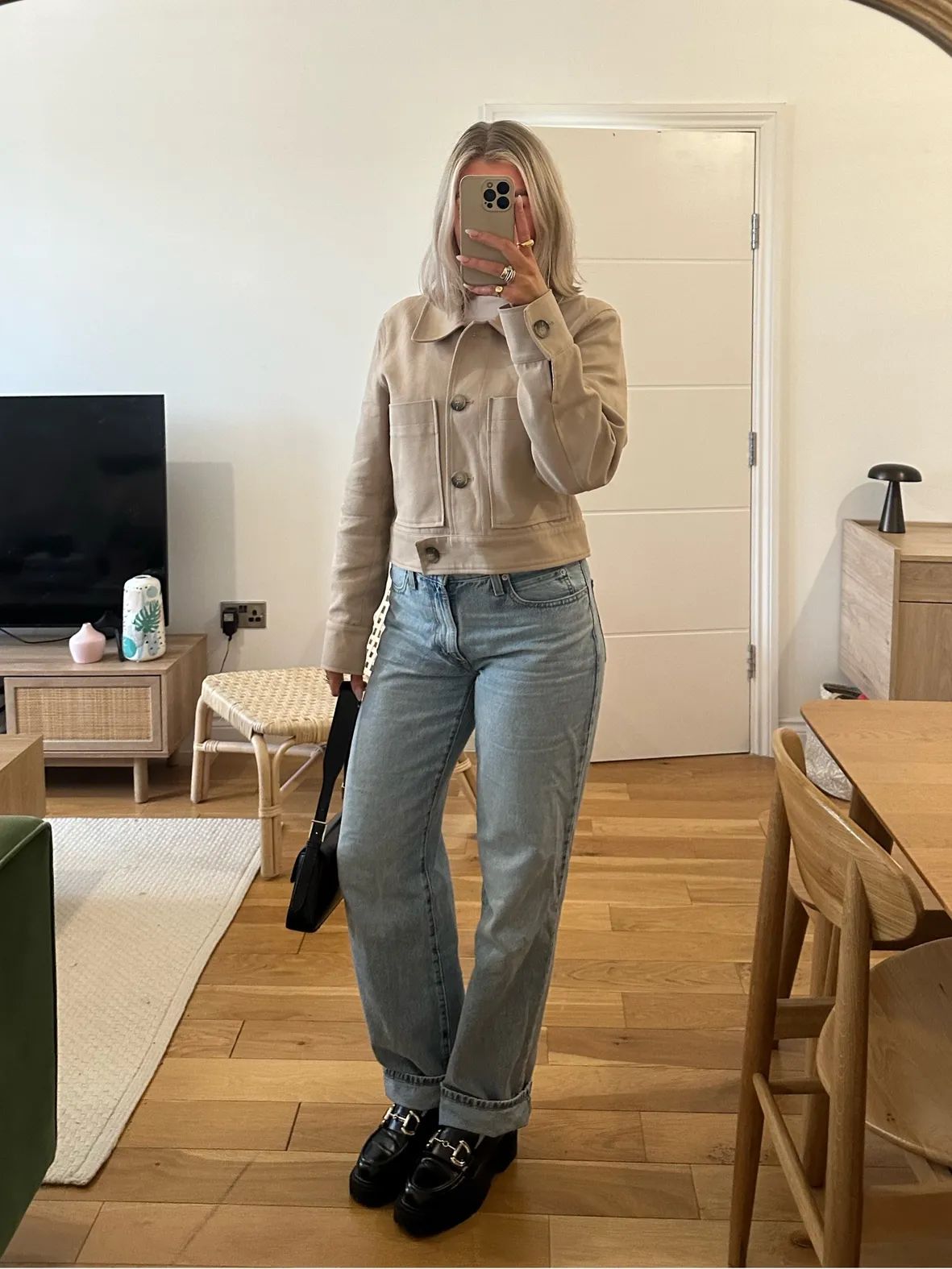 Utility Jacket and Turtleneck with Wide-Leg Jeans and Loafers — Chunky Loafers Outfits