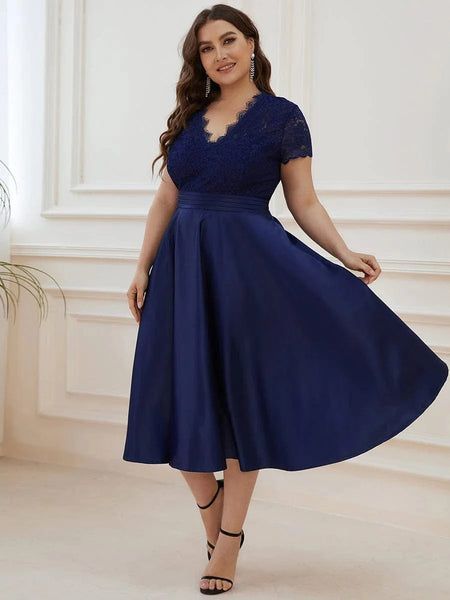 Cocktail Semi-Formal Navy Blue Lace Bodice Midi Dress for Cocktail Cocktail Semi-Formal Navy Blue Lace Bodice Midi Dress for Cocktail — Dresses for Women Over 60